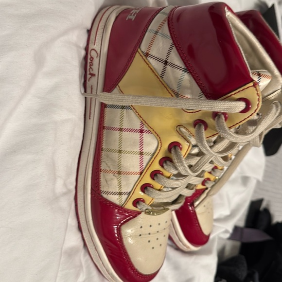 Coach Nora Tattersall 7.5 Pink Raspberry and Yellow Plaid Vegan Leather High Top - Picture 5 of 10